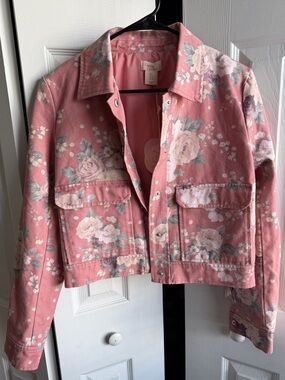 Camila Coelho Pink Floral Cropped Jean Jacket